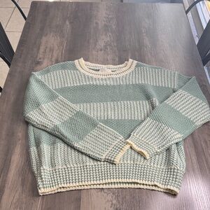 Uncharted Threads Green and Cream Women's Light Weight Knit Crew Neck Sweater